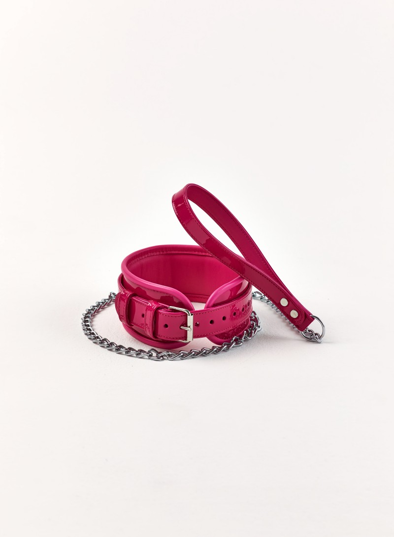 Leather Collar with Leash, pink